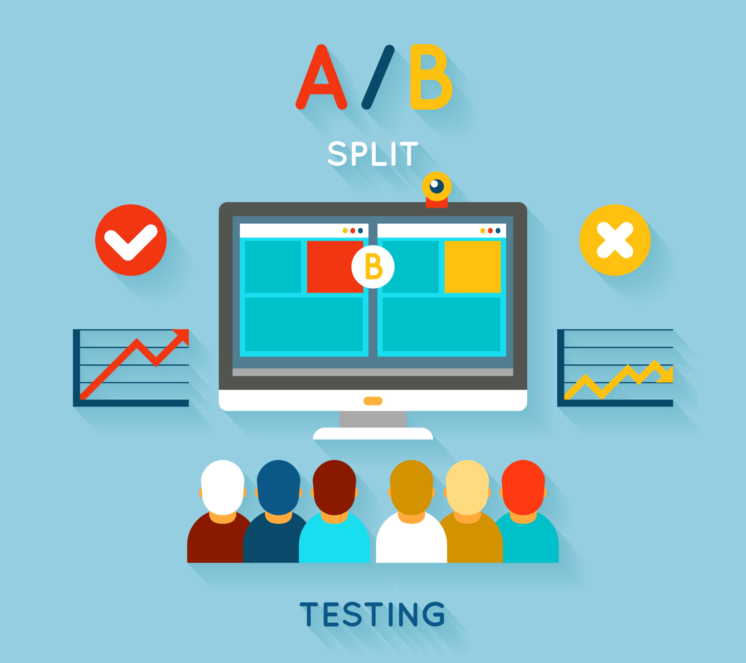 AB comparison test. Computer and feedback, research and planning, vector illustration